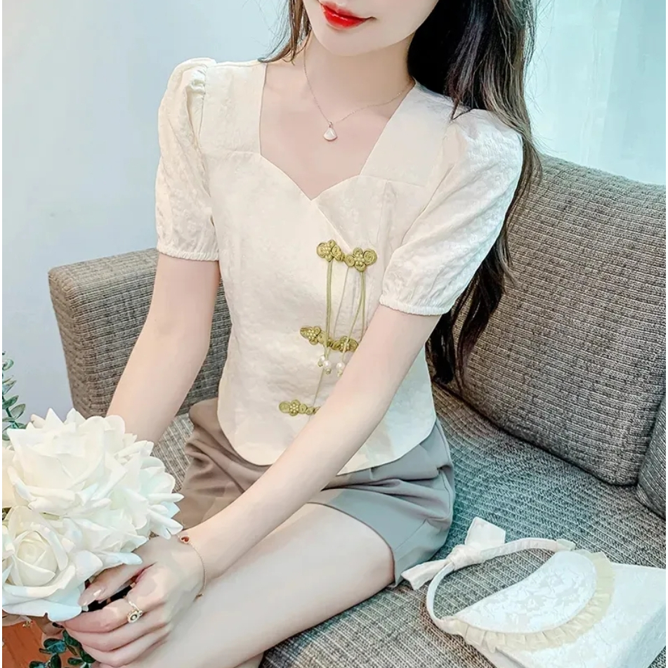 Áo Sơ Mi Tay Ngắn Phồng Cổ Vuông Form Ôm Phong Cách Retro Pháp