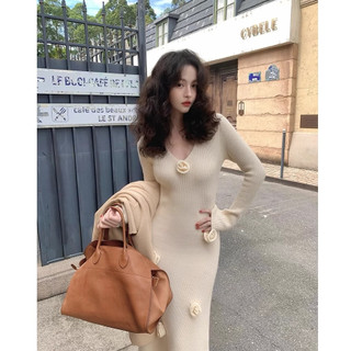 Đầm Dệt Kim Dài Trung Bình Cổ Chữ V Thiết Kế Ba Chiều Phong Cách Thu Đông Cổ Điển Kiểu Mới 202