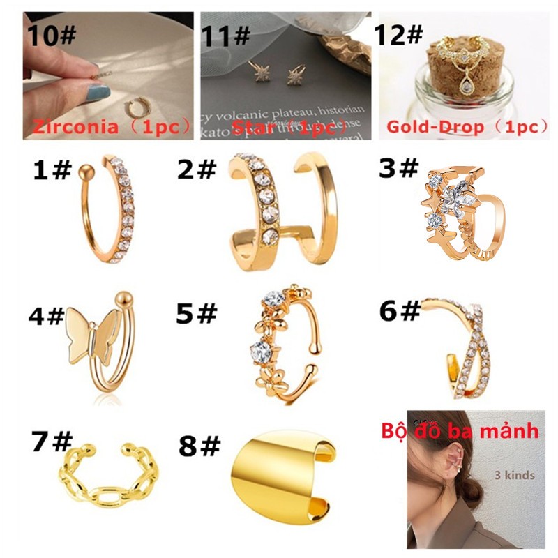 Khuyên Kẹp Vành Tai Hình Ngôi Sao Đính Pha Lê 3 Kiểu