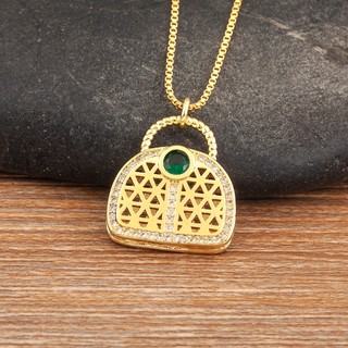 Sang trọng vòng cổ đồng mặt túi xách đính đá zircon màu xanh lá cây thời trang cho nữ