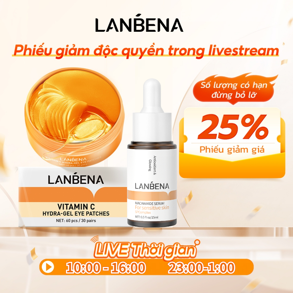 Bộ Serum Lanbena Vitamin C Mặt Nạ Mắt Vitamin C & Niacinamide Eye Serum Loại Bỏ Quầng Thâm (60 Cái & 15ml)