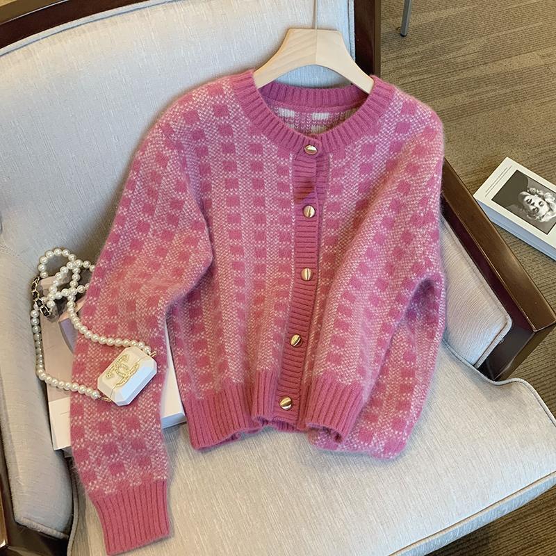 SUXI Áo Khoác cardigan Dệt Kim Tay Dài Họa Tiết Kẻ Sọc Màu Hồng Phong Cách Pháp Thời Trang Cho Nữ