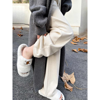 Quần Len K Dệt Kim Ống Rộng Lót Lông Cừu Eo Cao Thời Trang Thu Đông Dành Cho Nữ