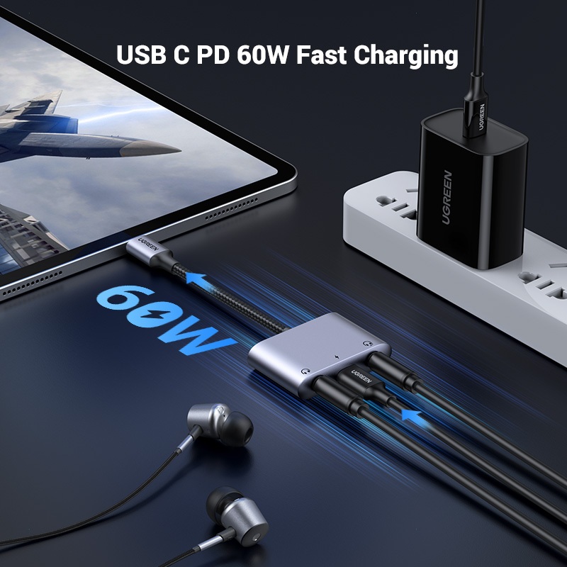 Ugreen Cáp Sạc Nhanh 3 Trong 1 usb c Sang 3.5 mm pd 60w Cho iphone 15, samsung s23 ultra, Macbook air