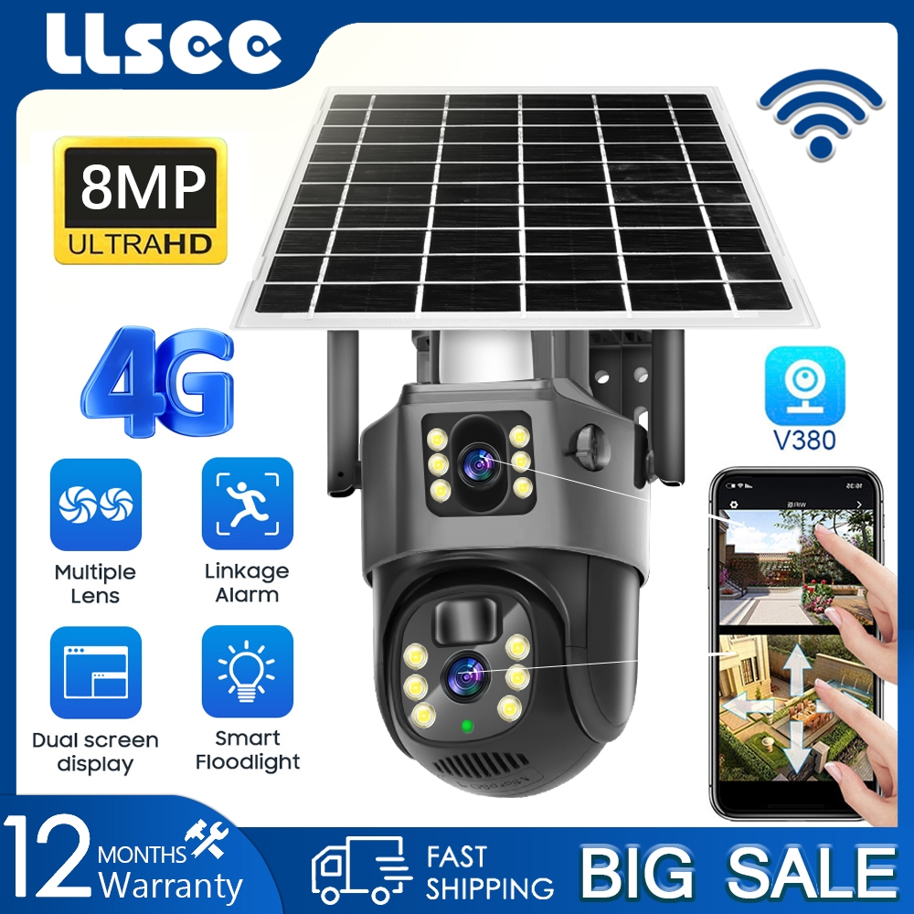 LLSEE V380 Pro 4K 8MP Camera 2 Mắt Thẻ SIM 4G Camera không dây năng lượng mặt trời PTZ Camera năng lượng mặt trời WIFI ngoài trời 360 Built-in Pin chống thấm nước