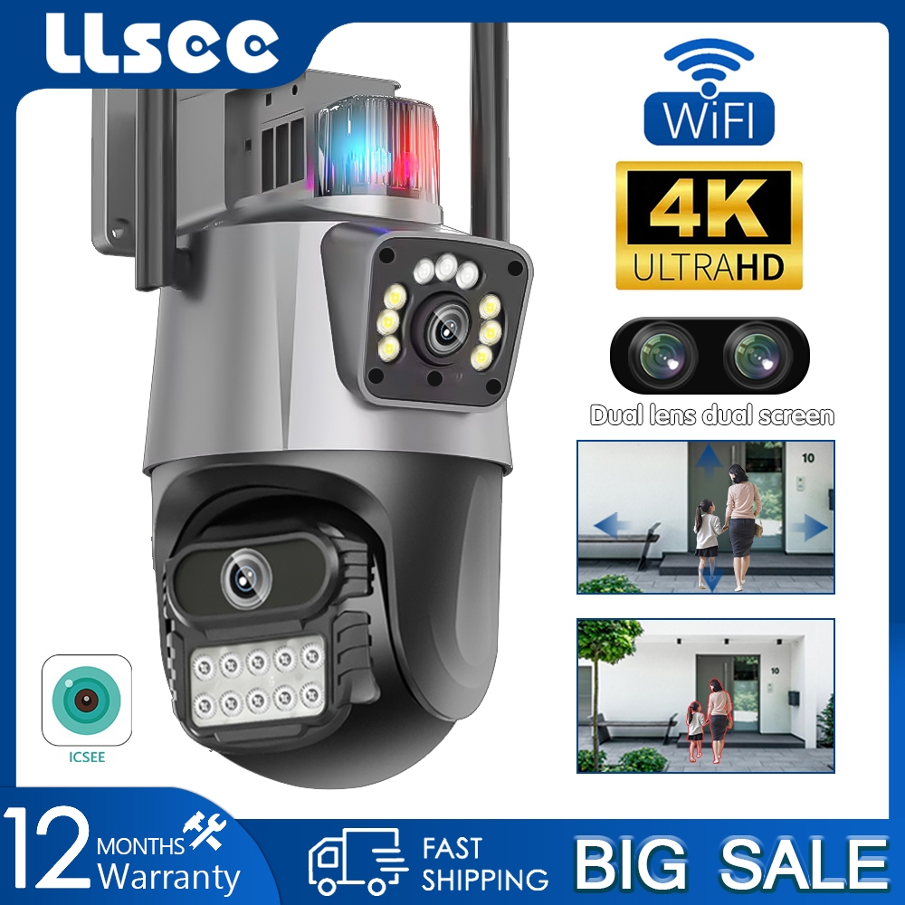 LLSEE, icsee, camera 2 mắt, camera wifi không dây ngoài trời 4K, 8MP góc siêu rộng Ultra HD, xem màu ban đêm, đèn báo động, cuộc gọi hai chiều, xoay 360 độ trên điện thoại di động xem đồng thời,
