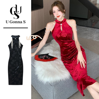 Đầm Sườn Xám Cách Tân Dáng Dài Không Tay Eo Cao Đính Ngọc Trai Phong Cách Trung Hoa Thanh Lịch Thời Trang 2023 Mới