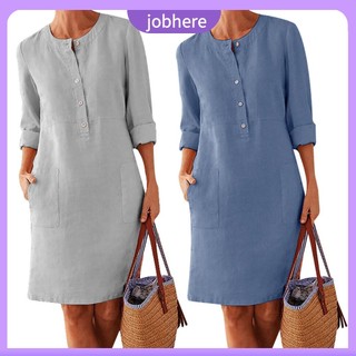 Đầm kaftan Vải Lanh cotton Tay Dài Màu Trơn plus Size Cho Nữ