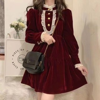 Mới Đầm midi Tay Dài Ôm Eo Màu Đỏ Thời Trang Thu Đông Hàn Quốc Cho Nữ