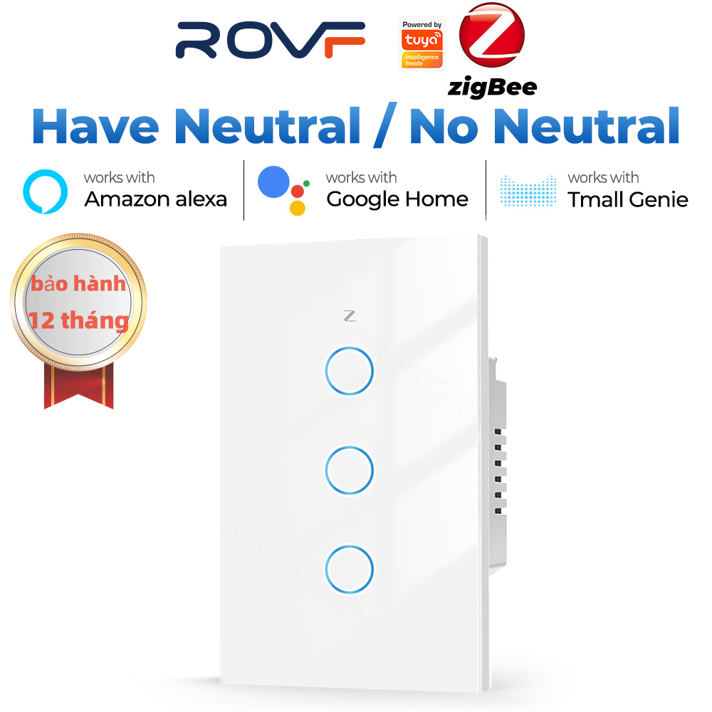 Công tắc thông minh Zigbee Tuya, ROVF Công tắc Tuya Zigbee cảm ứng thông minh cao cấp / App Smart Life/ Tuya