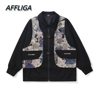 ✦AFFLIGA✦ Áo Khoác Sơ Mi Giả Hai Lớp Không Tay Chất Liệu Cotton Dày Dặn Thêu Hình Gấu Thời Trang Cho Nam