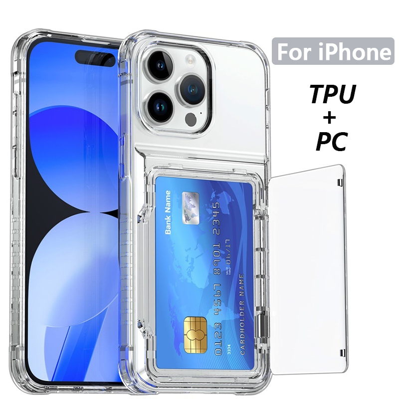 Ốp lưng TPU + PC trong suốt cho iphone 16 pro max / 15Pro / 14 / 13 / 12 / 11 Vỏ bảo vệ chống sốc có ngăn đựng thẻ cho iphone 15 16 pro max