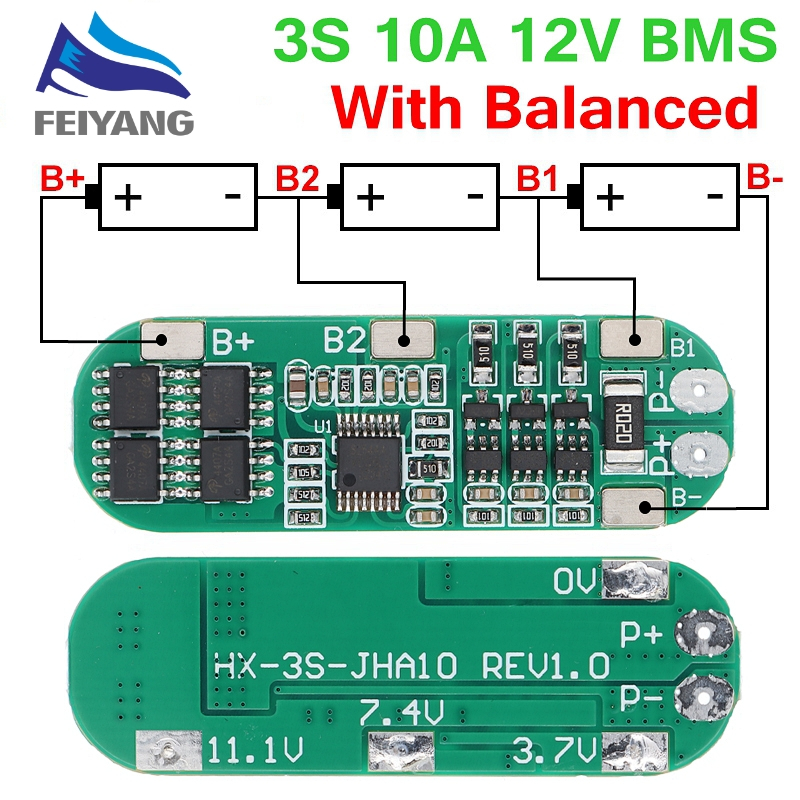 Bảng Mạch Sạc Pin Lithium 3S 10A 12V Dành Cho Pin Li-ion 18650 BMS 11.1V 12.6V