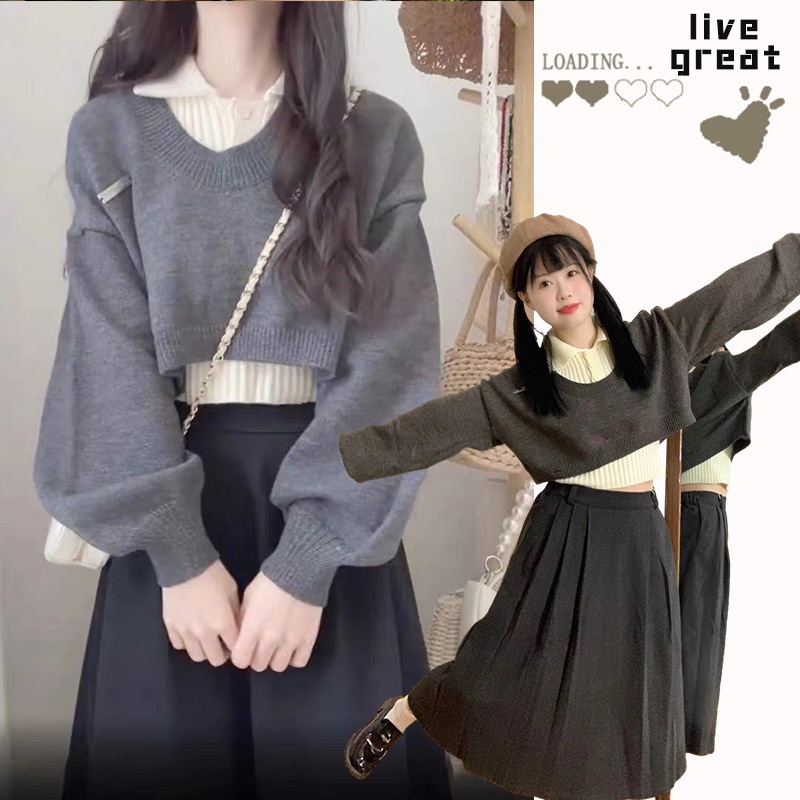 Bộ Áo sweater Dệt Kim Hai Lớp Dáng Ngắn Thời Trang Thu Đông Cho Nữ