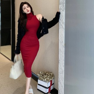 Đầm Midi Không Tay Cổ Lọ Màu Sắc Trơn Phong Cách Hàn Quốc Dành Cho Nữ