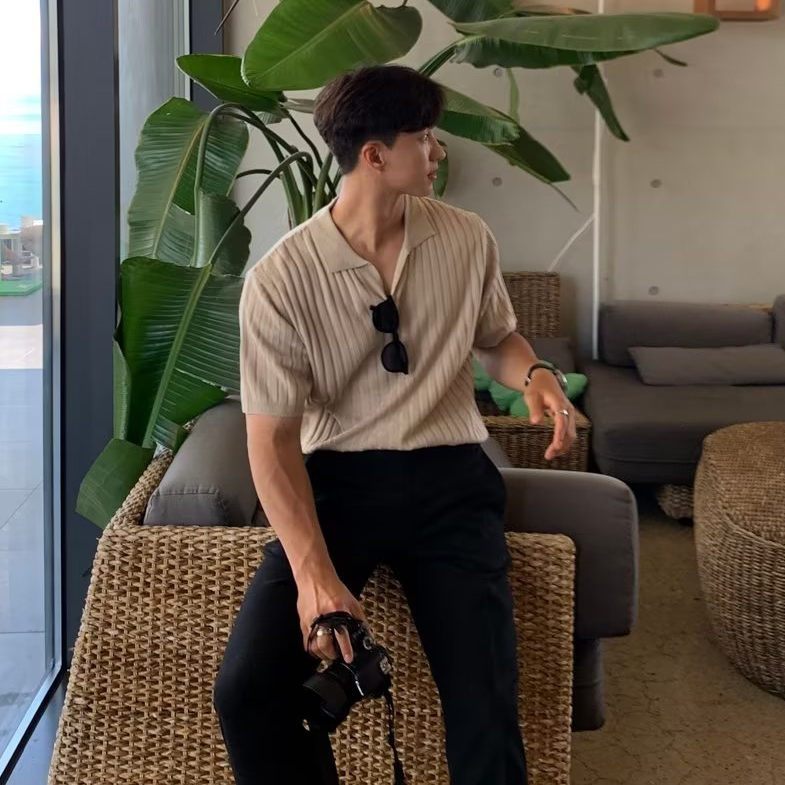 Áo polo Phong Cách Hàn Quốc Thời Trang Mới  Áo Thun Polo Ngắn Tay Thời Trang Mùa Hè Đơn Giản Dành Cho Dệt Kim Dáng Rộng Áo Thun Nam Có Cổ