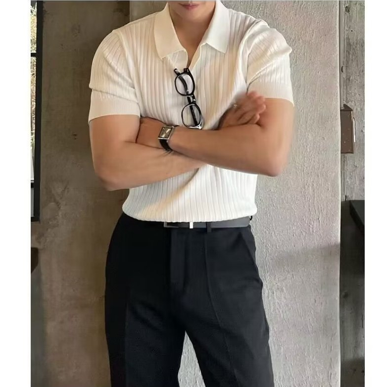 Áo polo Phong Cách Hàn Quốc Thời Trang Mới  Áo Thun Polo Ngắn Tay Thời Trang Mùa Hè Đơn Giản Dành Cho Dệt Kim Dáng Rộng Áo Thun Nam Có Cổ