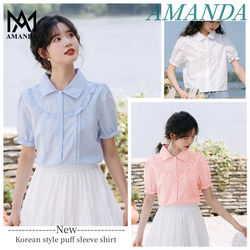 AMANDA, S--XXL Thời trang Hàn Quốc áo nữ kiểu, áo sơ mi tay phồng, sơ mi trắng, áo croptop bigsize