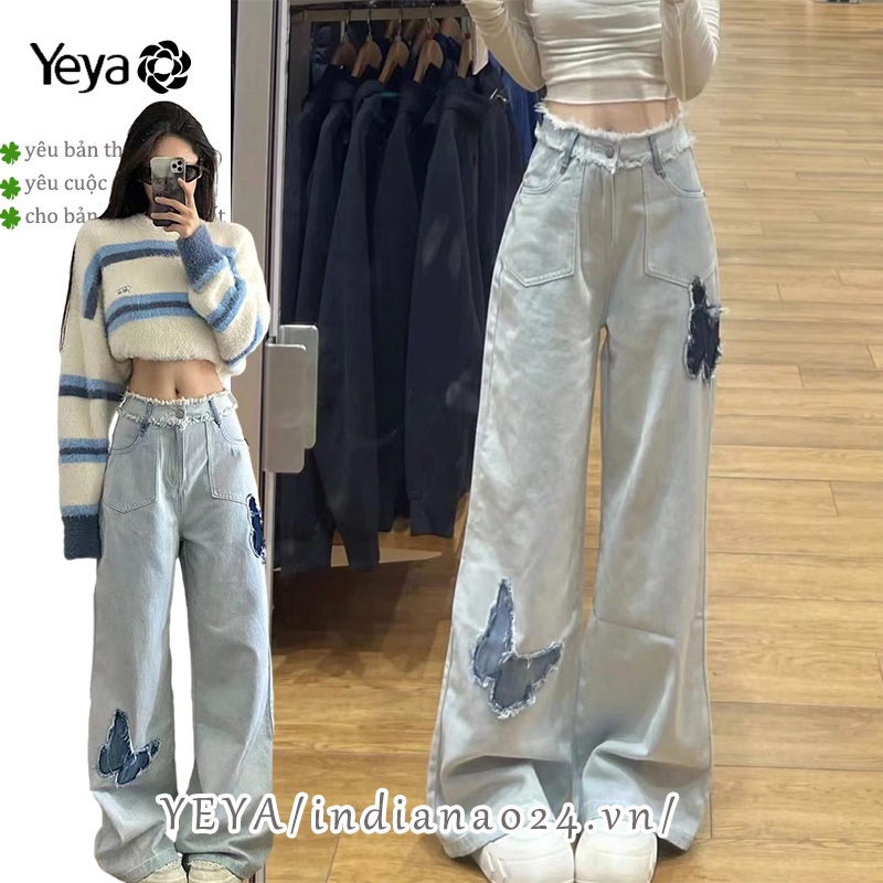 Quần jeans Nữ Lưng Cao Ống Rộng Thêu Hình Bướm Thời Trang