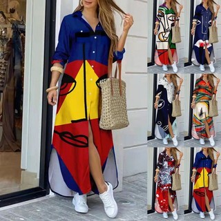 Đầm maxi Một Hàng Nút Dáng Rộng Tay Dài In Họa Tiết Thời Trang Mùa Thu Cho Nữ