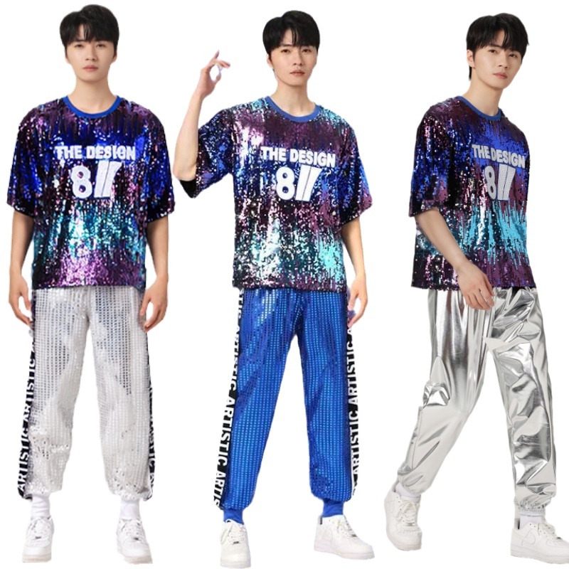Nam Sáng Bóng Sequined Tay Ngắn Áo Rời bling bling Áo Phông Bạc Bộ Hip Hop Jazz Dance Performance Mặ
