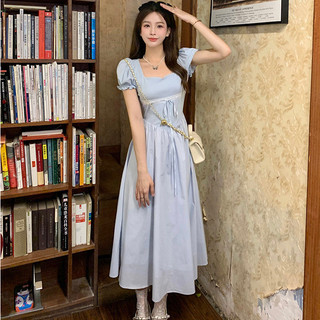 Puff sleeve square neck bow tie dress new summer style 2023