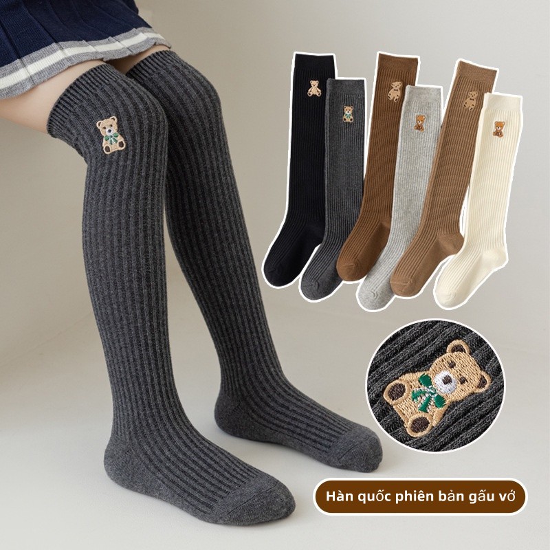 Vớ cotton Cổ Cao Qua Gối Họa Tiết Gấu Dễ Thương Phong Cách Hàn Quốc Thời Trang Xuân Thu Cho Bé Gái