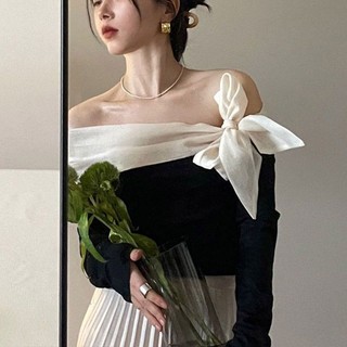 NZN Áo thun nữ một vai dài tay dáng ôm mùa hè áo đen lệch vai