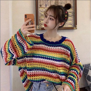 Áo len nữ sọc mùa xuân và mùa hè áo len mỏng màu rỗng mới