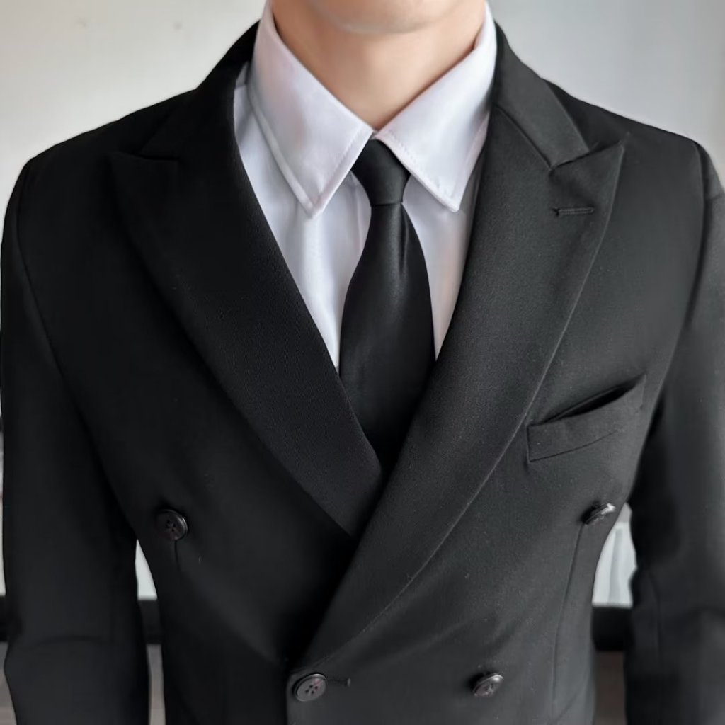 Bộ đồ nam HANLU thanh lịch hai ngực hợp thời trang công sở giản dị màu đen đơn giản đa năng