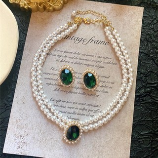 Dây Chuyền + Bông Tai Đính Ngọc Trai Hình oval Cá Tính Cho Nữ