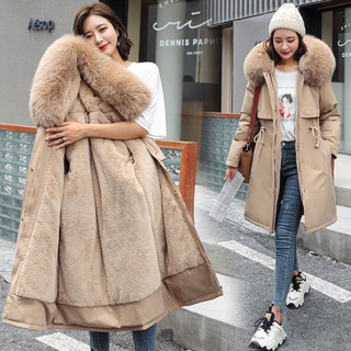 Áo khoác parka lót cotton dáng dài có nón trùm thời trang mùa đông ấm áp cho nữ
