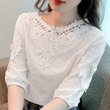 Áo Sơ Mi cotton Tay Ngắn Cổ Tròn Phối Ren Thêu Họa Tiết Thời Trang Mùa Hè 2023 Mới