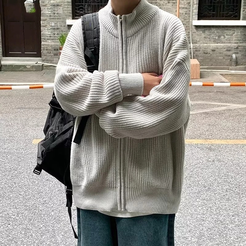 Áo Khoác cardigan Dệt Kim Dáng Rộng Cổ Cao Có Khóa Kéo Kiểu Hàn Quốc Hàng Mới Cho Nam Và Nữ