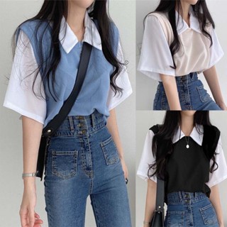 【W Áo Polo Tay Ngắn Giả 2 Lớp Áo thun Nữ BigSize, thời trang cho Nữ 45-100KG