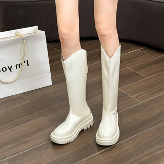 Thời Trang Mùa Đông Giày Bốt Dài PU Đầu Tròn Lưng Dây Kéo Giữa Gót Hiệp Sĩ Boots 4cm Cao Hàng Ngày Giày Cao Cấp