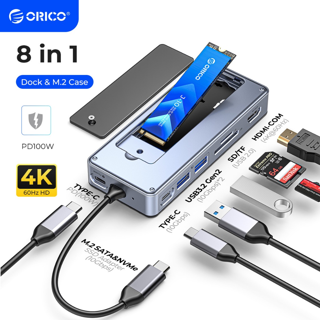 Hub USB C di động ORICO có vỏ SSD M.2 Trạm nối 8 trong 1 4K 60Hz HDMI PD100W RJ45 SD / TF USB3.2 10Gbps cho M.2 NVMe SATA SSD 8TB Tương thích với máy tính xách tay (OM28P)