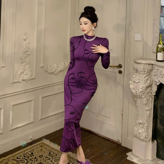 Đầm Dài Tay Cổ Tròn Ôm Dáng Co Giãn Thời Trang Dành Cho Nữ