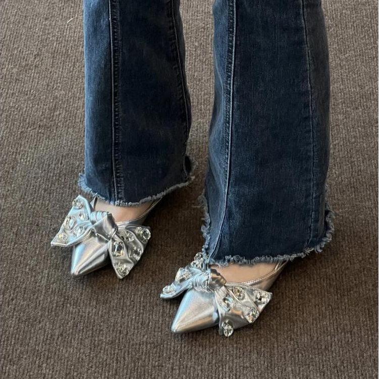 Hong Kong Premium shoes❥Giày Búp Bê Denim Đính Đá Mũi Nhọn Thời Trang Nữ Sành Điệu