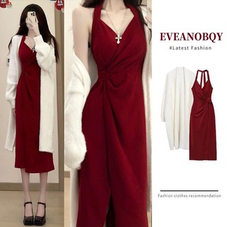 EVEANOBQY [Bộ đồ hai mảnh] Váy hai dây kiểu Pháp + áo khoác len dài siêu đẹp