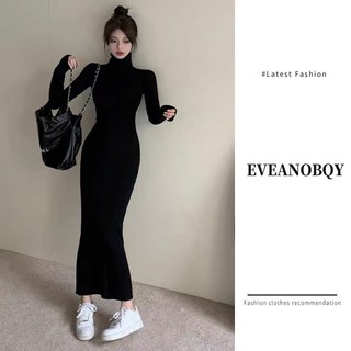 EVEANOBQY Váy dài cao cổ đen tuyền tôn dáng và thon gọn