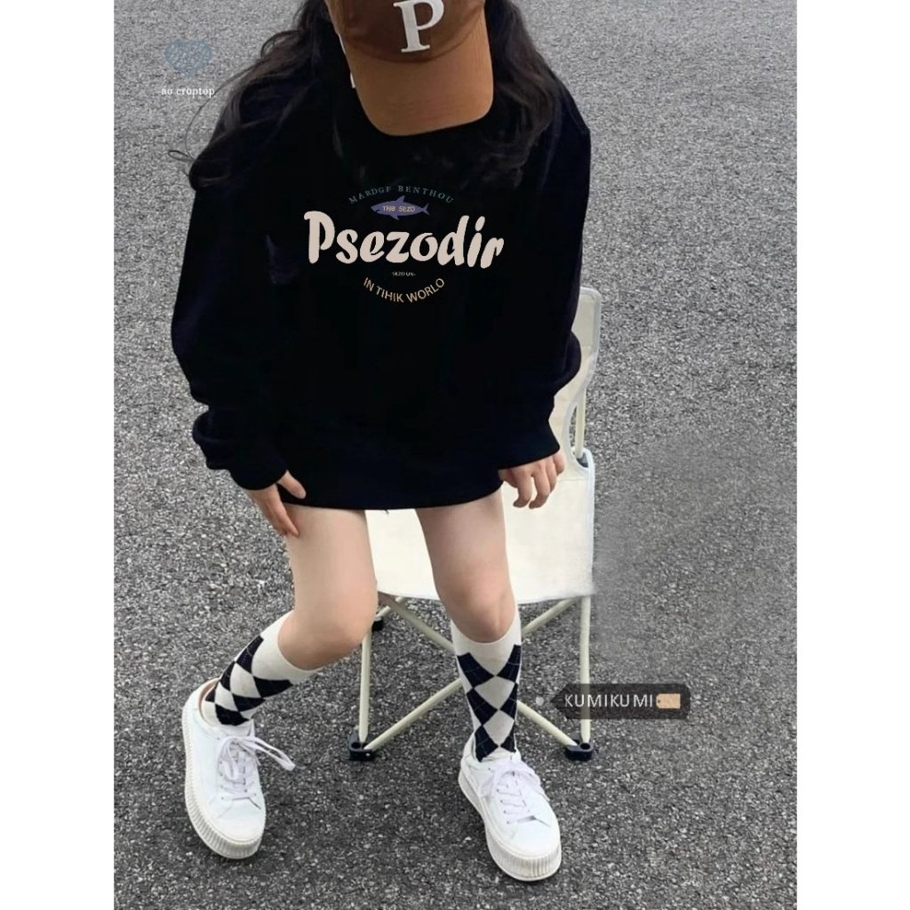 kumikumi Áo hoodie Nữ Tay Dài Cổ Tròn Màu Đen Thời Trang