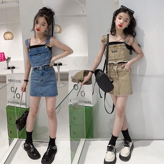 Set áo yếm denim + chân váy màu sắc xinh xắn cho bé gái