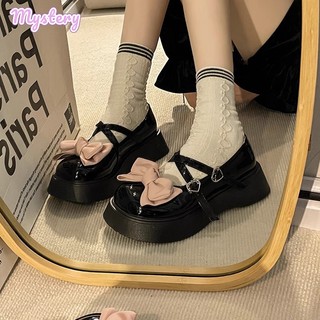 Giày mary jane da đế bằng mũi tròn đính nơ xinh xắn cho nữ