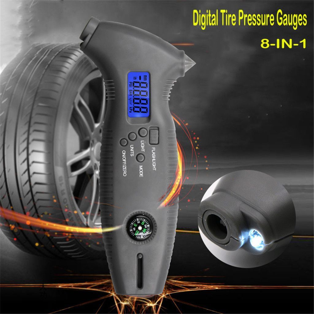 Máy đo áp suất lốp kỹ thuật số đa chức năng Máy đo áp suất lốp 8 trong 1 Công cụ kiểm tra áp suất lốp với máy cắt đèn nền búa an toàn