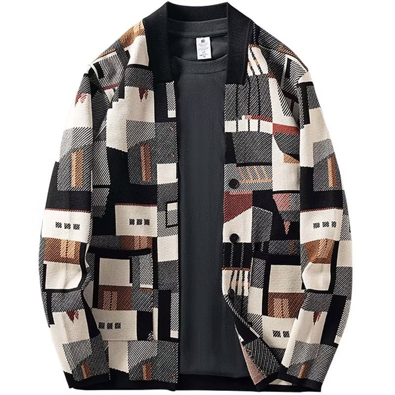 Áo Khoác Cardigan Dệt Kim Dáng Rộng In Họa Tiết Hình Học Kiểu Hàn Quốc Thời Trang Mùa Thu Cho Nam