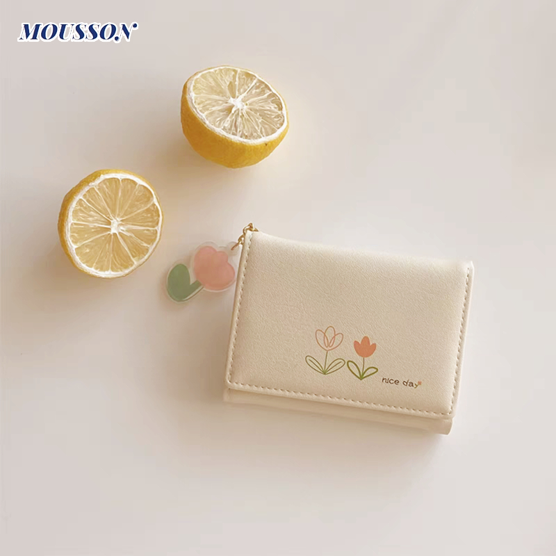 MOUSSON      Ví nữ Họa tiết hoa tulip hoạt hình Ví gấp ba lần đa năng thời trang đơn giản