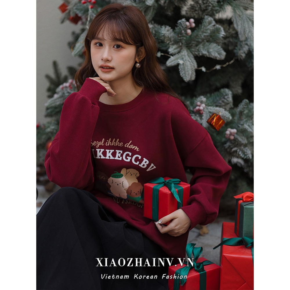 Xiaozhainv Áo sweatshirt Cổ Tròn Tay Dài oversize In Họa Tiết Màu Đỏ Phong Cách Hàn Quốc 6 Màu Dành Cho Bạn Nữ