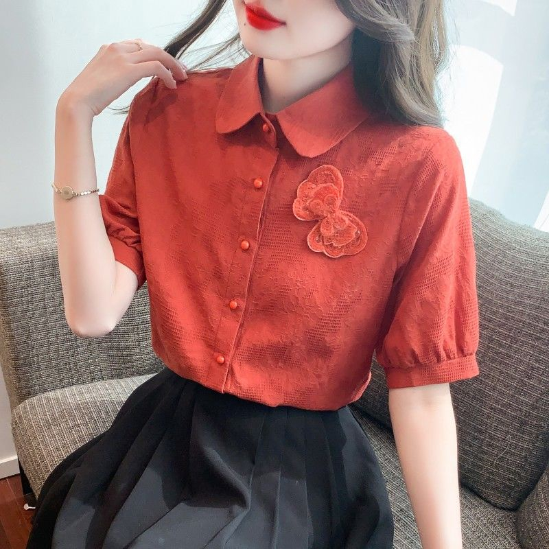 Áo Sơ Mi Cotton Nguyên Chất Ngắn Tay Thêu Họa Tiết Thời Trang Cho Nữ 2023