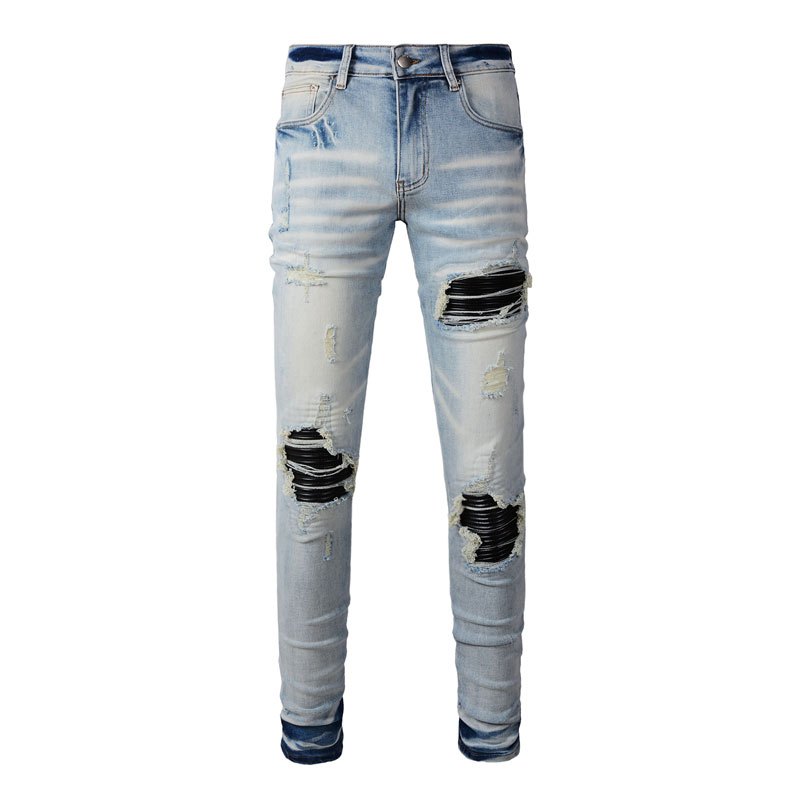 Amiri High Street Fashion Men Jeans Vintage Blue Tight Leather Patch Trendy Design Craft High Quality Men Hip Hop Jeans
